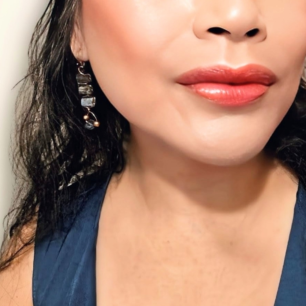 Natural Blue Kyanite Handwoven Ladder In Massai Style Earrings In Antique Copper - Picture 9 of 9